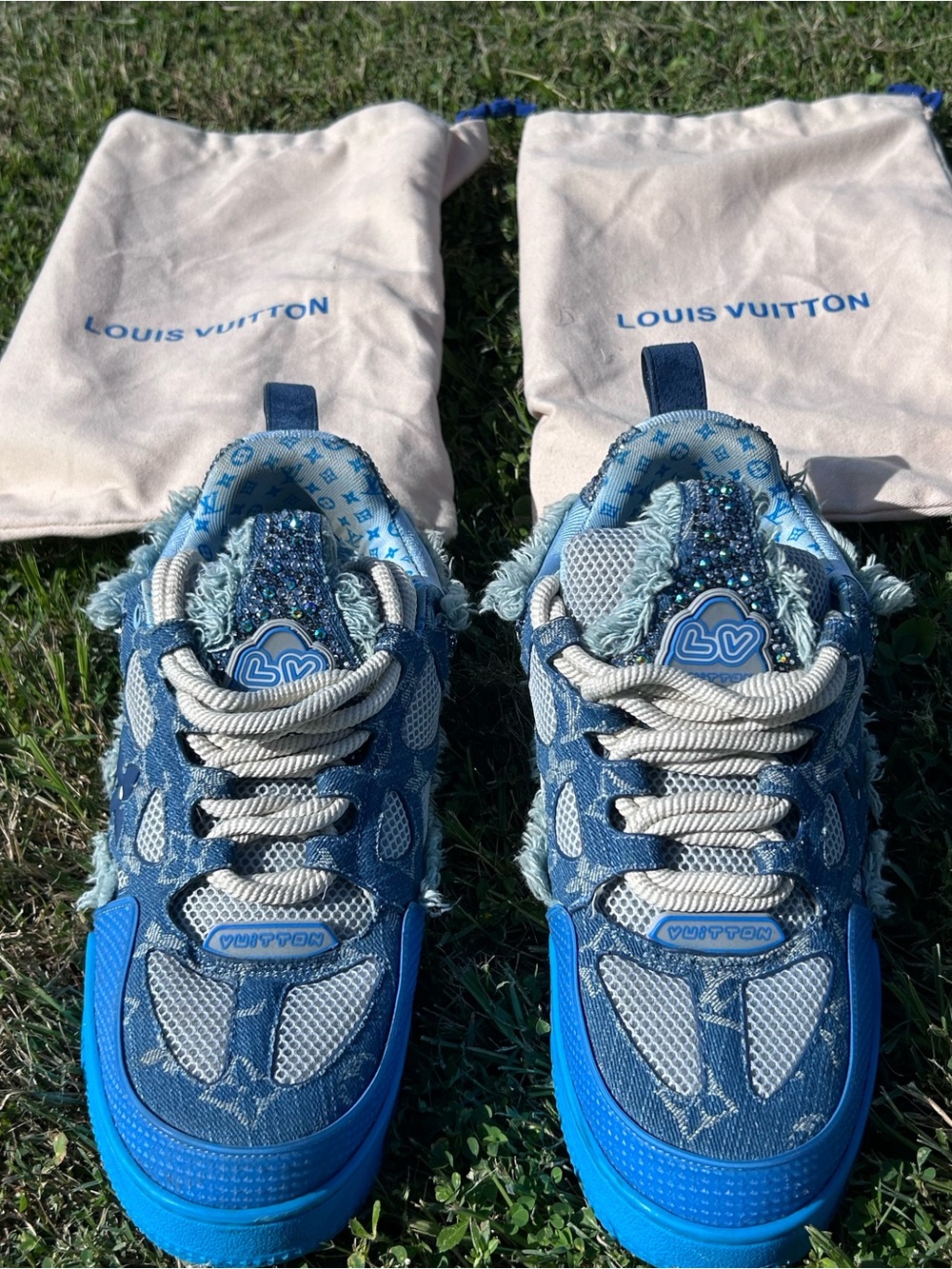 Louis Vuitton Kids Blue Denim LV Trainer Sneakers with Light Blue Accents